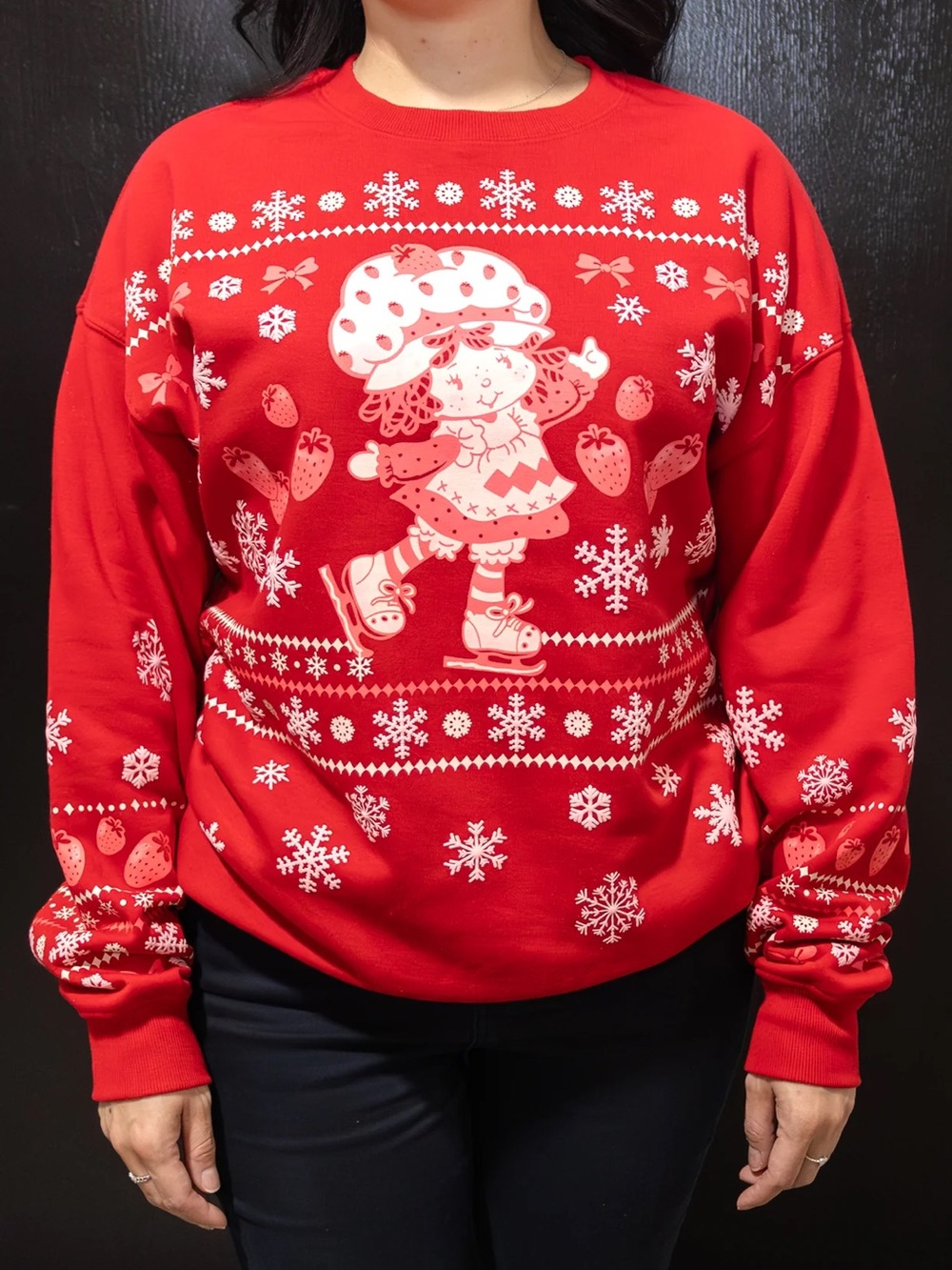 Red Graphic Holiday Sweatshirt with Ice Skater Motif